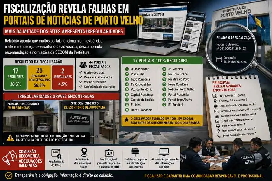 Fiscalização em Portais de Notícias de Porto Velho revela falhas graves na estrutura e transparência - fiscalização portais de notícias Porto Velho