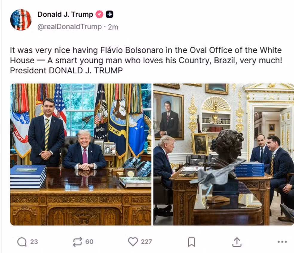 Flávio Bolsonaro se reúne com Donald Trump em meio a proposta de sobretaxa dos EUA sobre produtos brasileiros - Flávio Bolsonaro Casa Branca